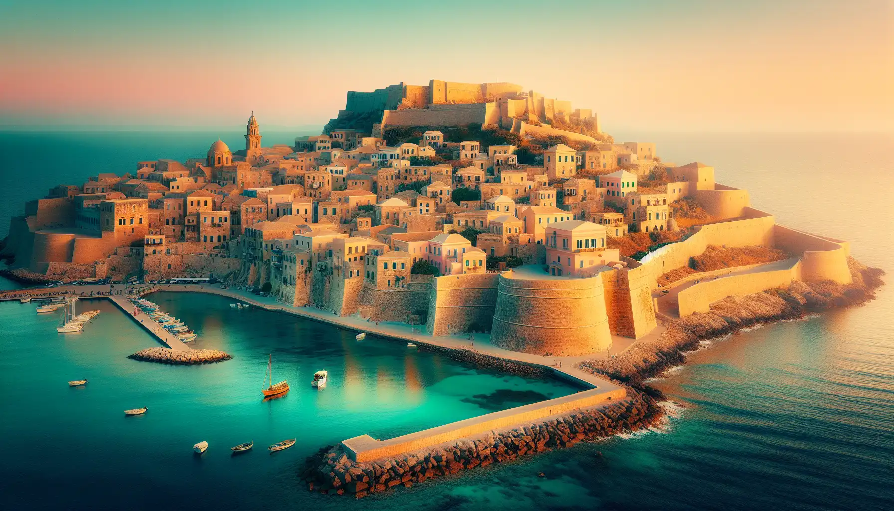 View of Ibiza's fortified old town above the harbor at sunset