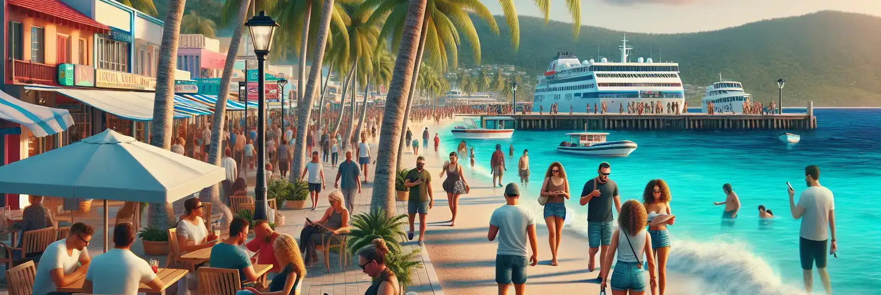 Travelers near the beach and pedestrian avenue in Playa del Carmen using phones with ferry pier and turquoise water nearby