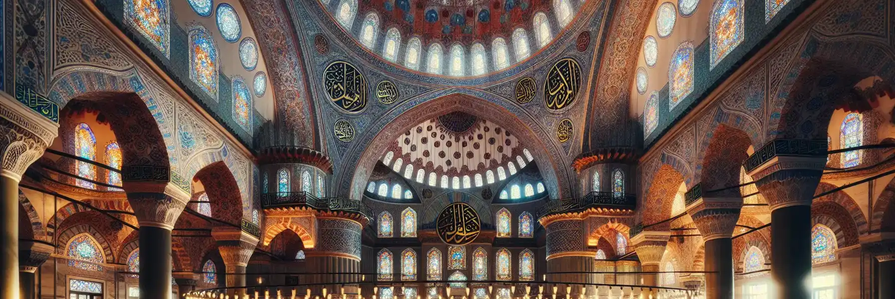 Interior of the Blue Mosque in Istanbul showing blue İznik tiles, massive dome, and sunlight streaming through stained glass windows