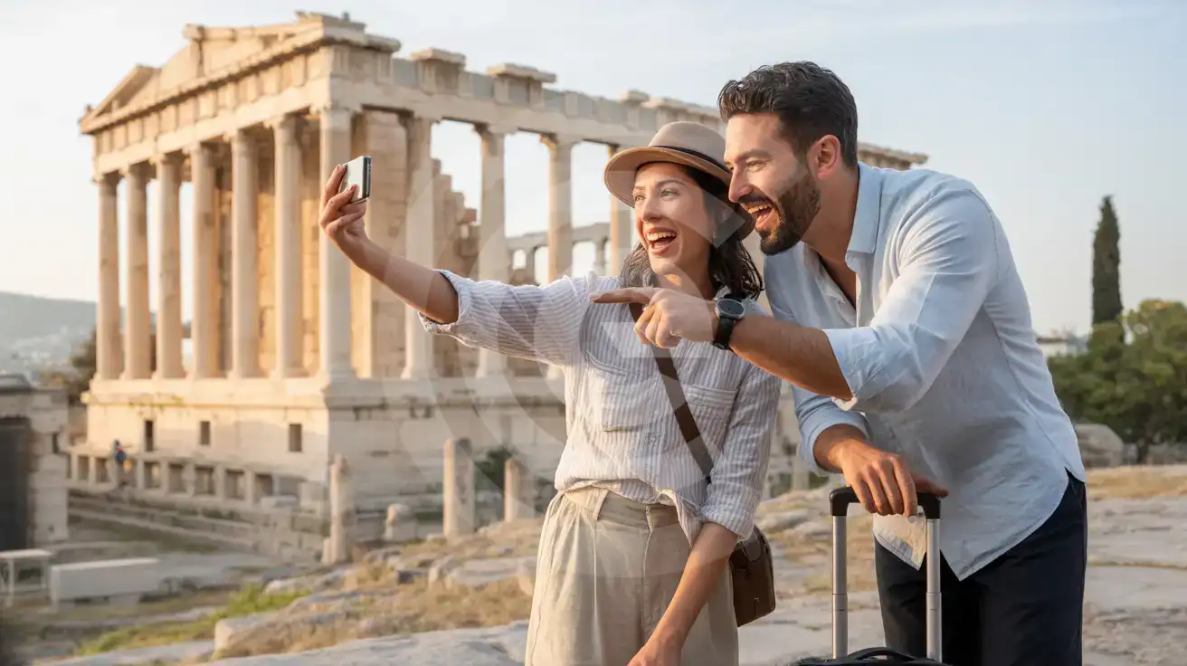 A couple photographing the Stoa of Attalos colonnade in Monastiraki Square, Athens