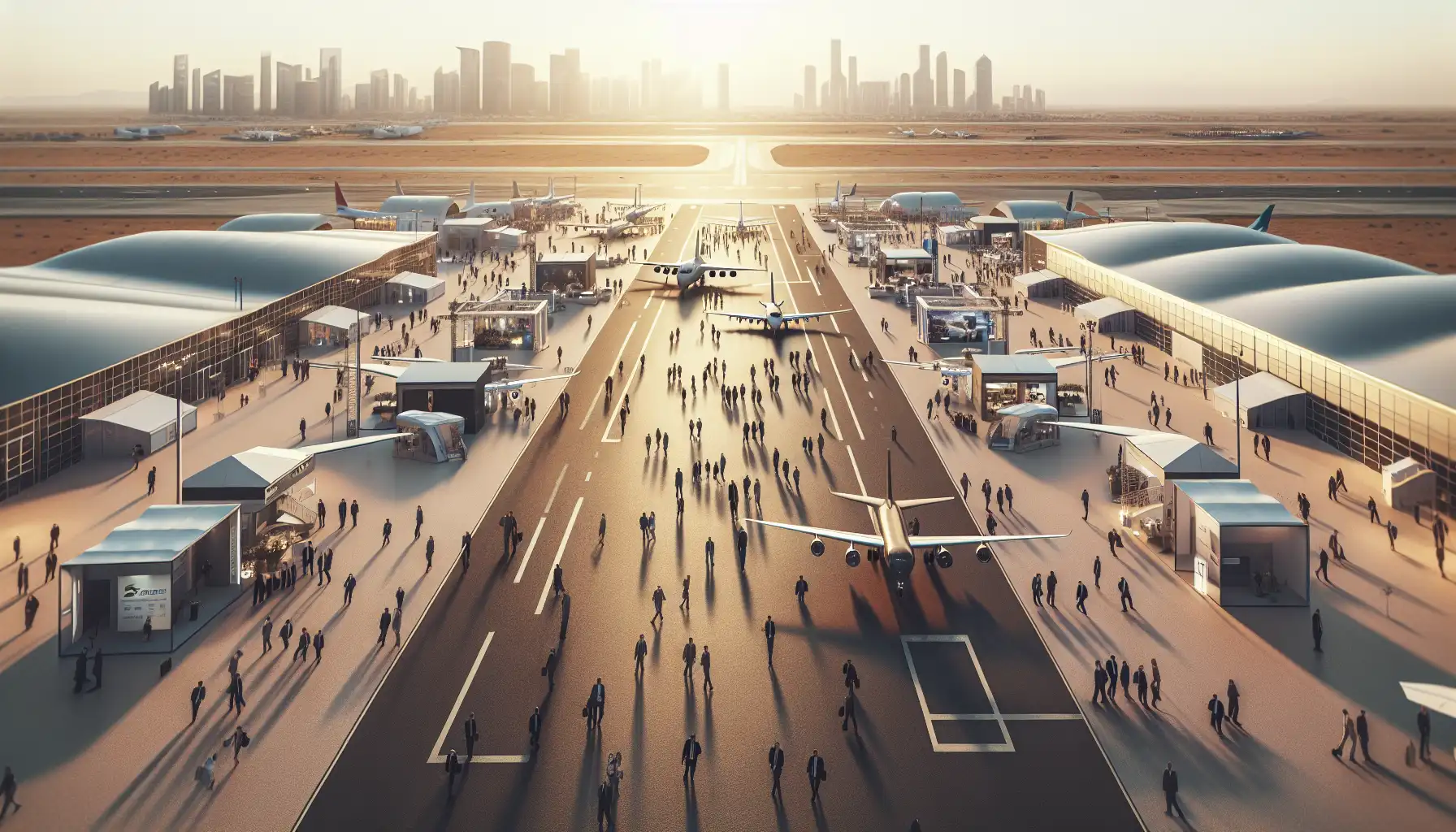 Business travelers walking between aircraft displays at a major Dubai aviation trade fair
