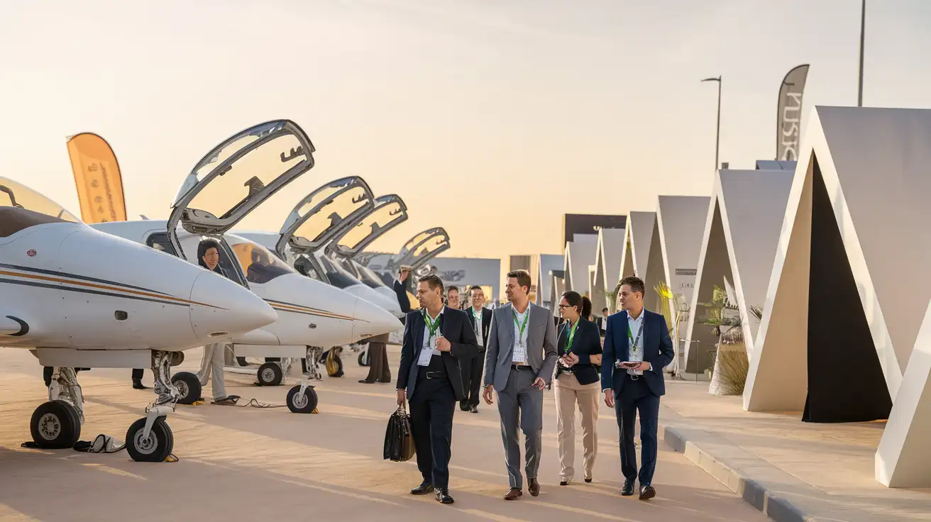 Delegates walking between aircraft displays at a Dubai aviation trade fair