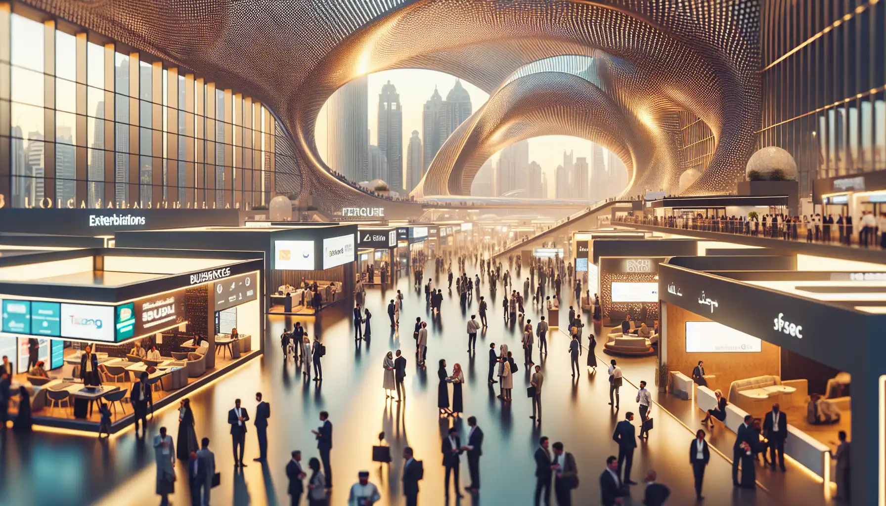 Busy technology trade fair atmosphere in Dubai with conference halls, startup booths, and international business attendees