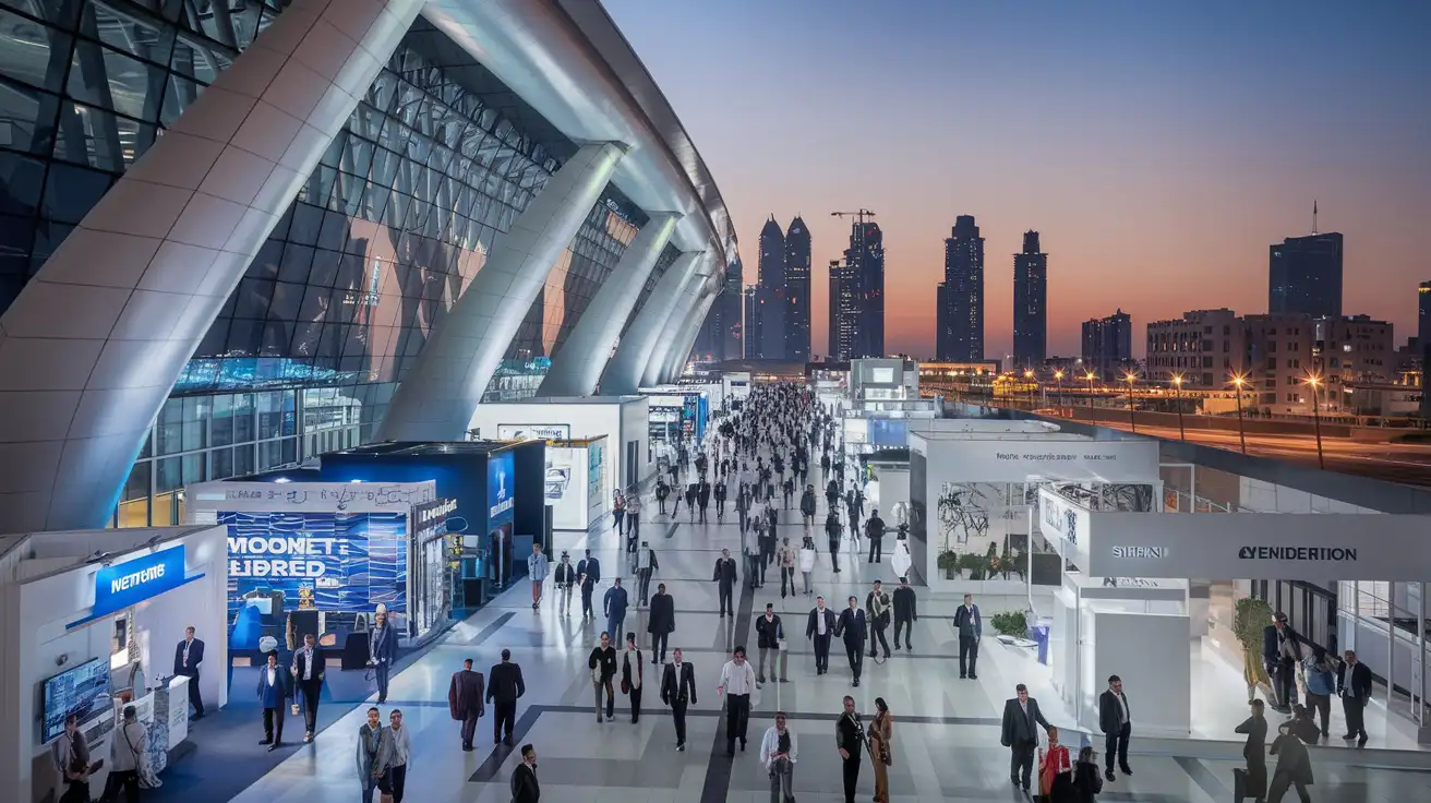 International attendees moving between exhibition halls during a major Dubai technology trade fair