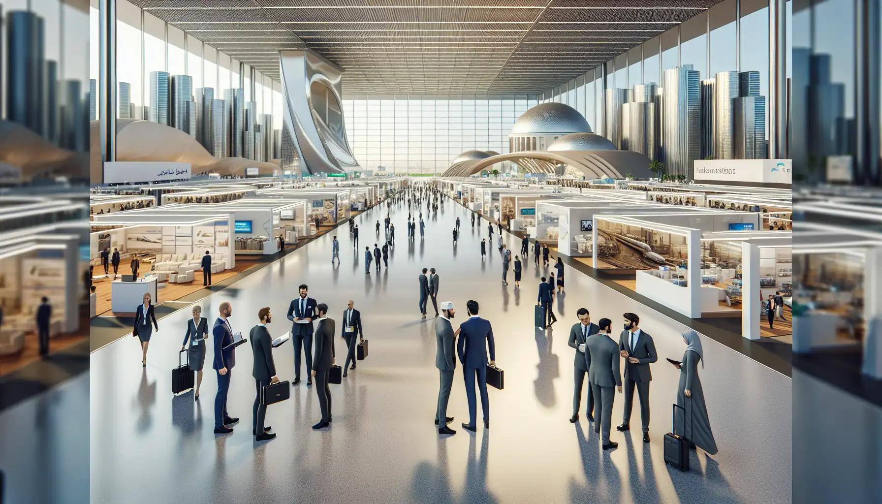 Busy construction trade fair atmosphere in a large Dubai exhibition venue
