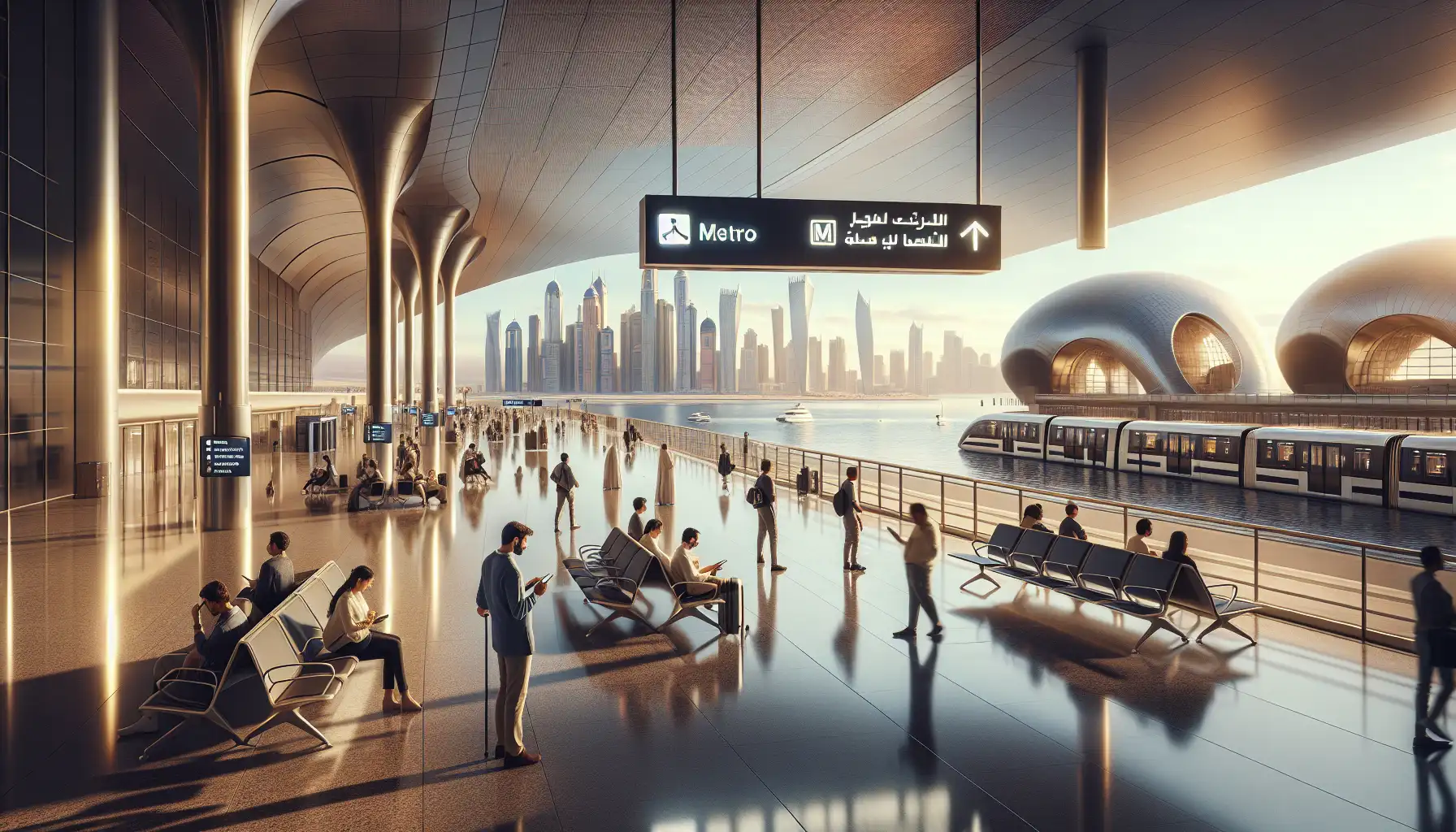 Traveler checking phone connectivity in a modern UAE airport with city skyline beyond