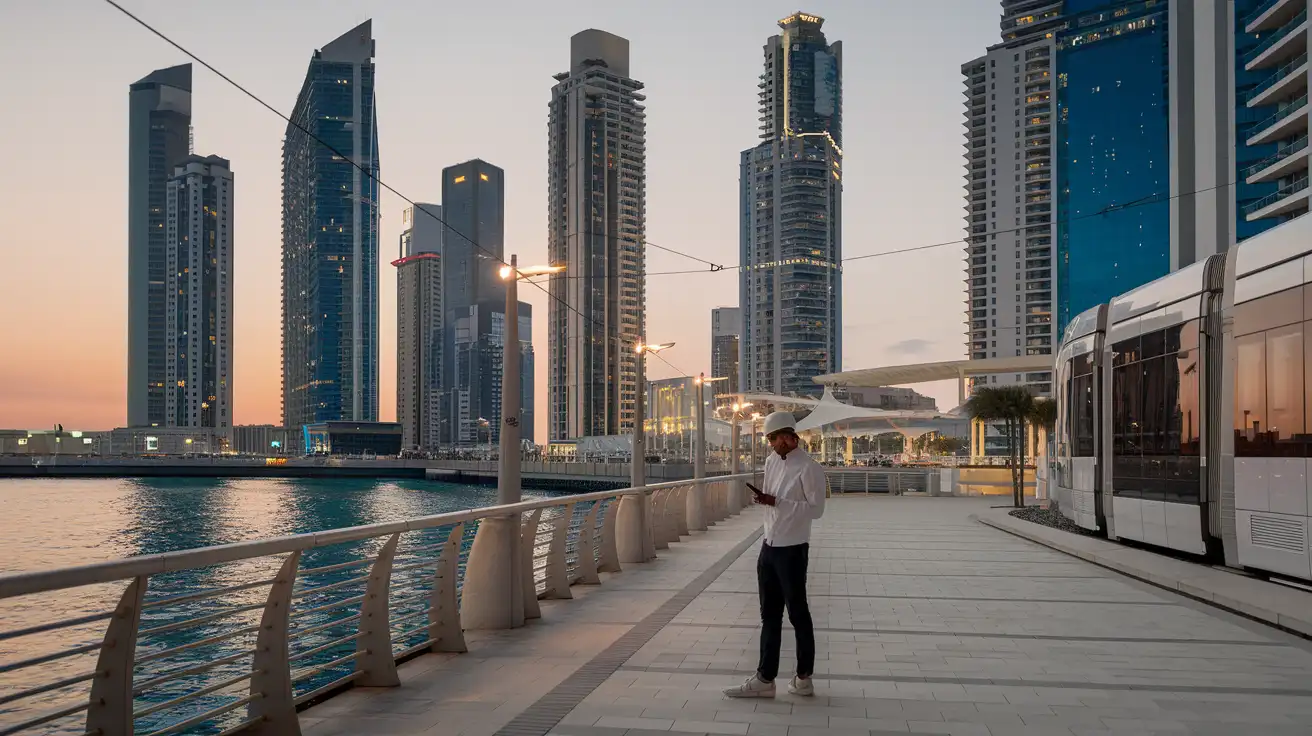 Traveler using mobile data near a UAE waterfront district after leaving indoor WiFi