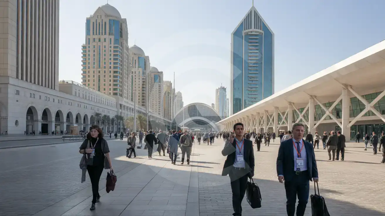 Modern exhibition district in Dubai with convention halls and business visitors