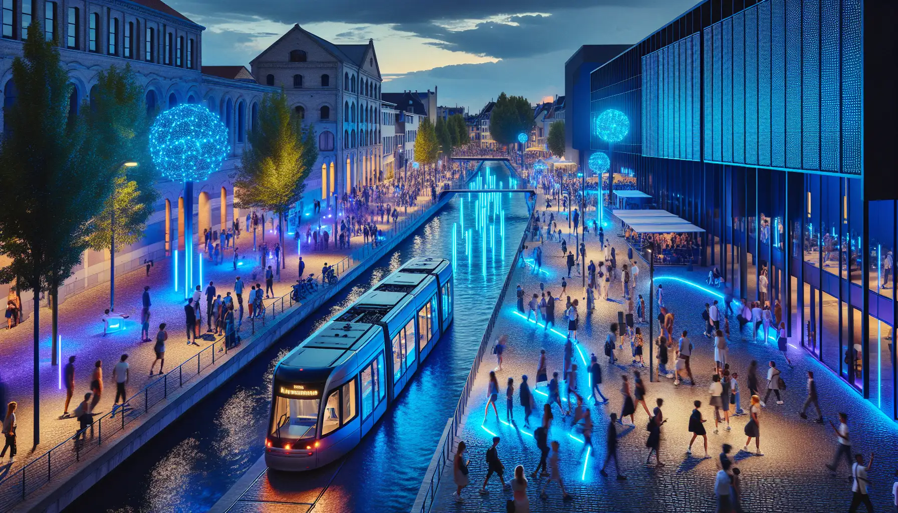 Evening festival atmosphere in Linz with digital light installations near the Danube
