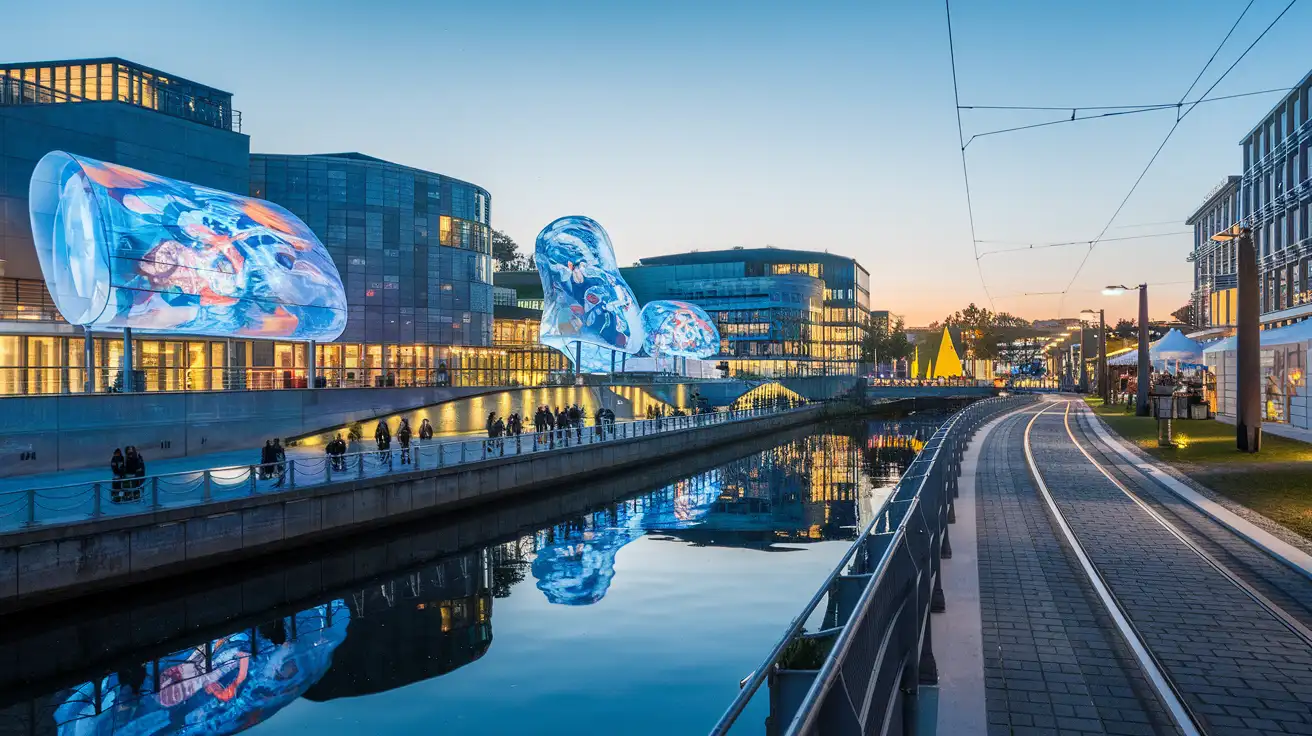 Crowds moving between festival venues along the Danube in Linz at night