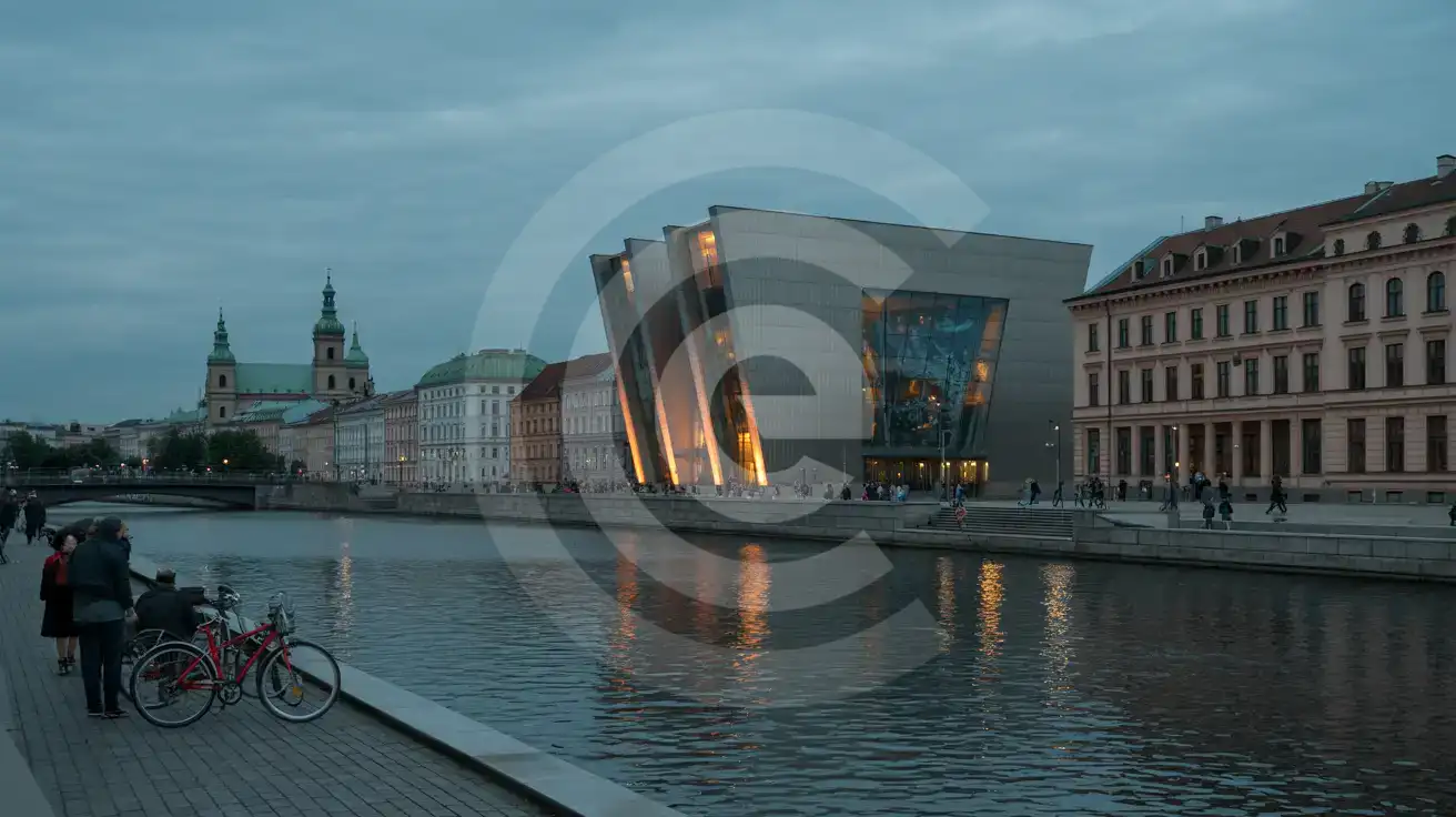 Abendliche Menschenmenge in der Nähe eines Festivalgeländes in Linz mit Straßenbahnen und Stadtlichtern