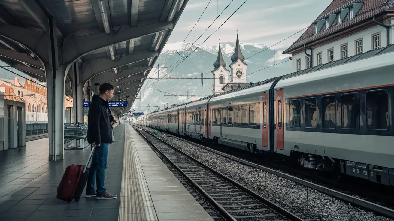 オーストリアの列車の旅でインターネット接続を確認する旅行者