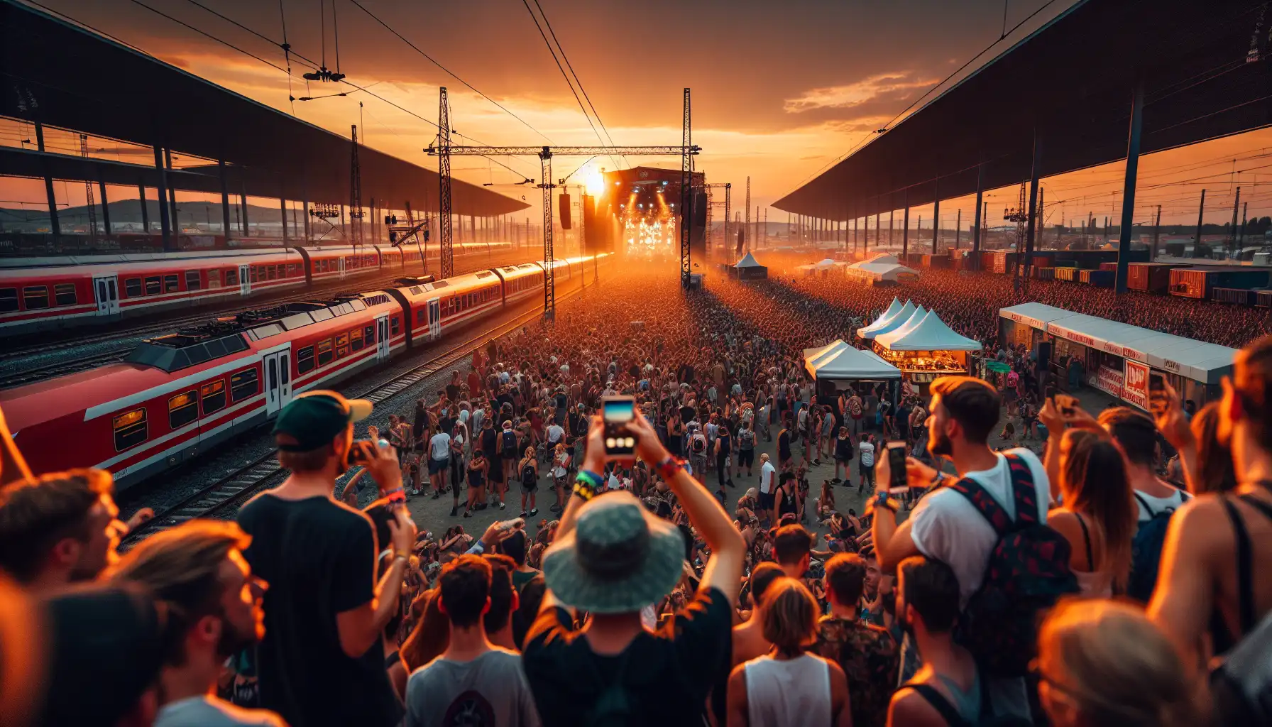 Open-air summer festival crowd near St. Pölten with camping atmosphere and phones in use at dusk