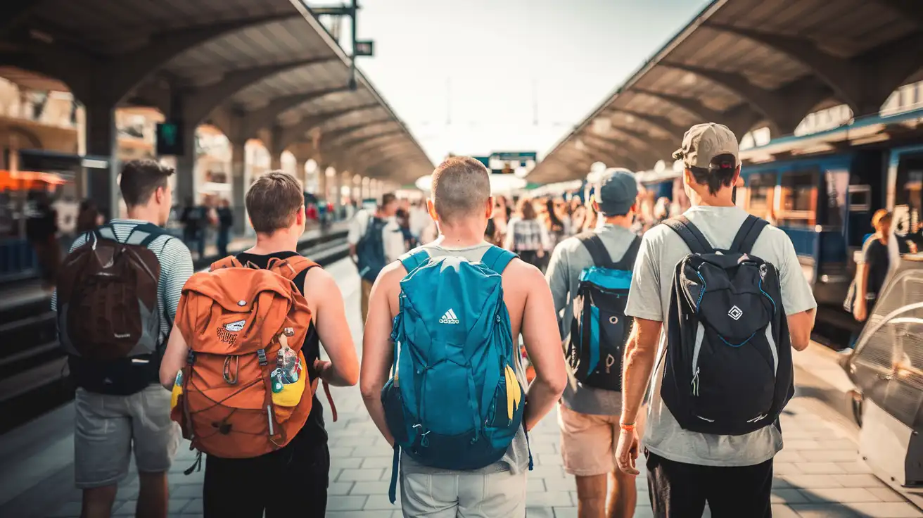 Festivalgoers arriving in St. Pölten with backpacks and camping gear