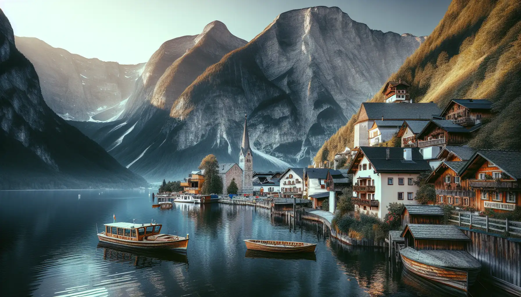 Vedere lacustră a Hallstatt cu case alpine, zona de ferry și munți reflectați în apă