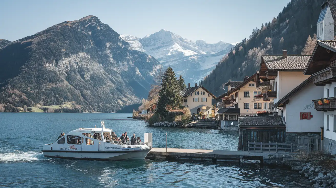 Voyageurs arrivant à la connexion du ferry au bord du lac pour Hallstatt avec des montagnes en arrière-plan