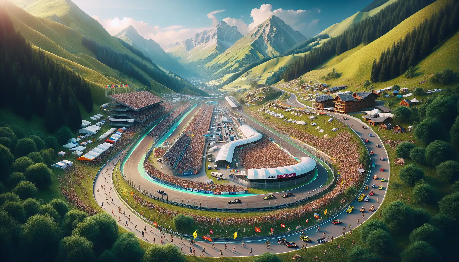 Fans arriving at a racing circuit in the Styrian hills during a summer motorsport weekend