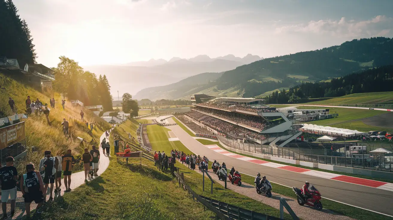 Summer race weekend atmosphere near Spielberg with fans approaching the circuit through the hills