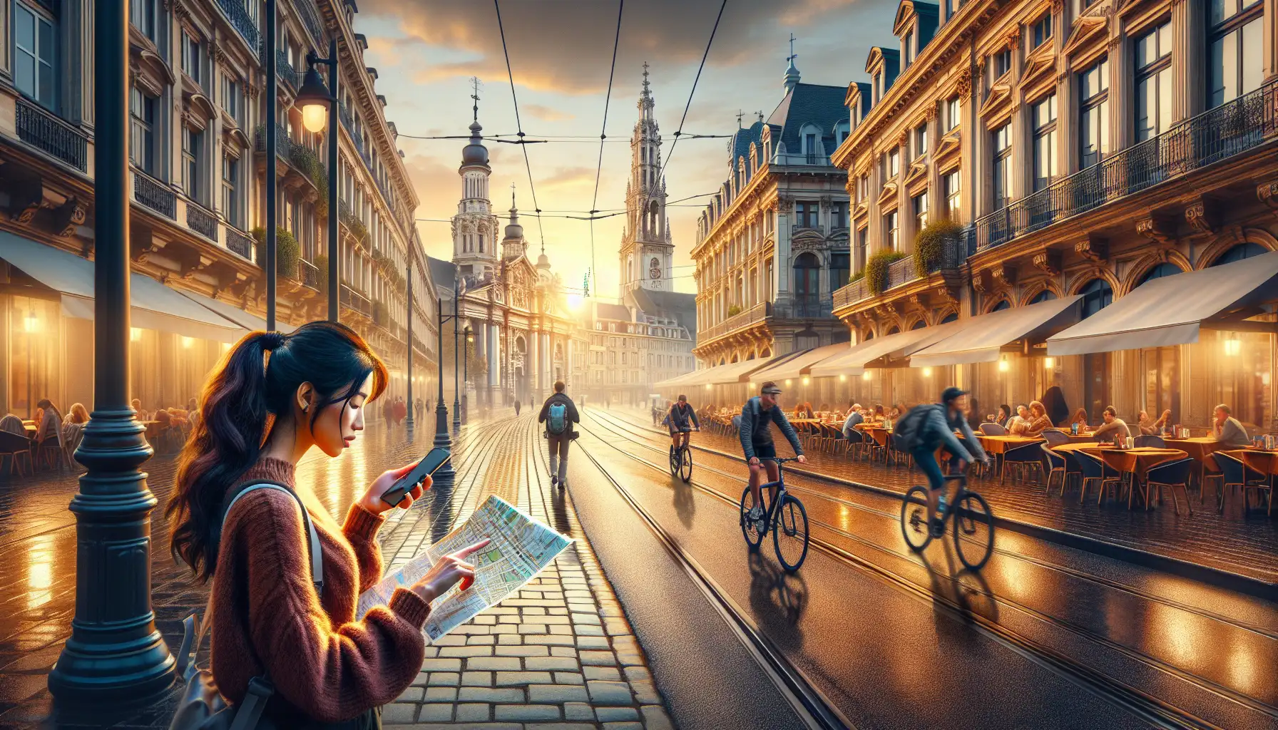 Podróżny korzystający z telefonu w celu uzyskania wskazówek na historycznej ulicy Wiednia w pobliżu placu katedralnego