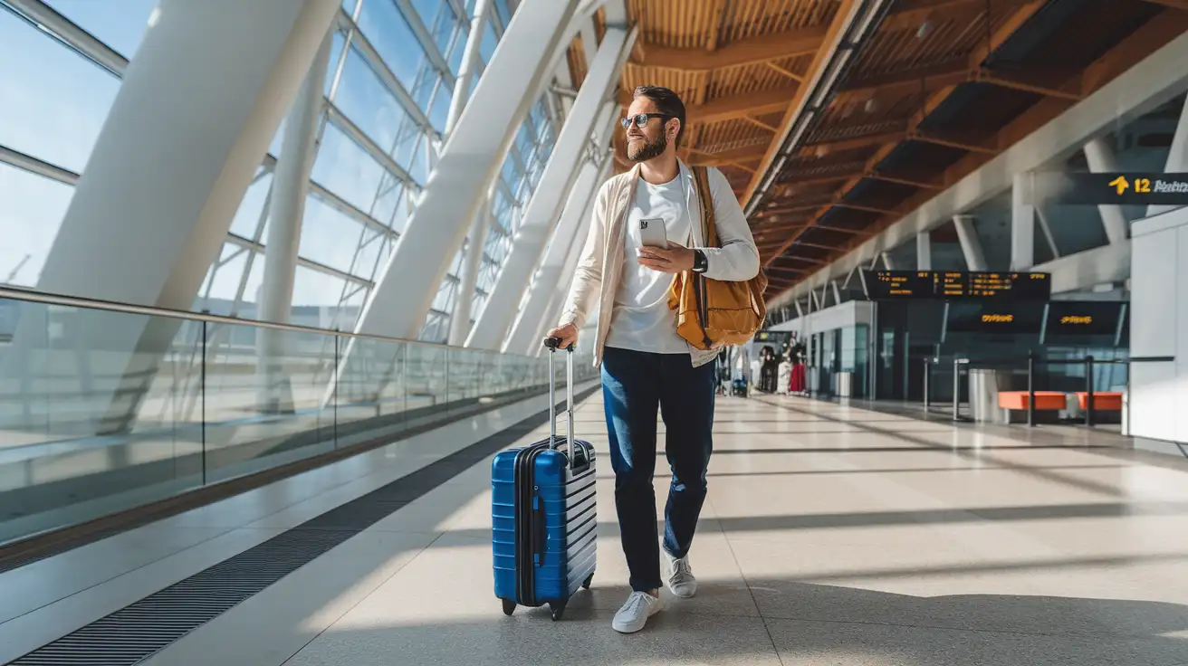 Reisender, der sich am Flughafen Wien verbindet, bevor er in die Stadt fährt