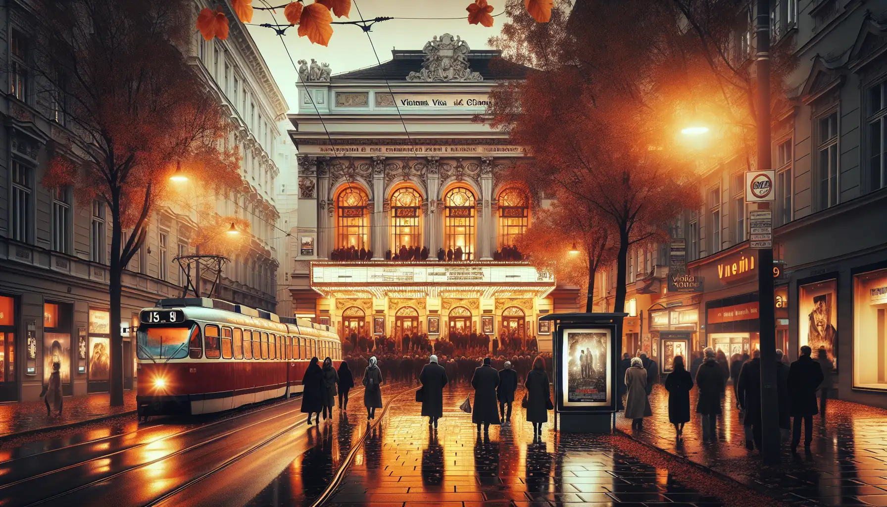 Festivalgoers outside a historic Vienna cinema on an autumn evening during a city film festival