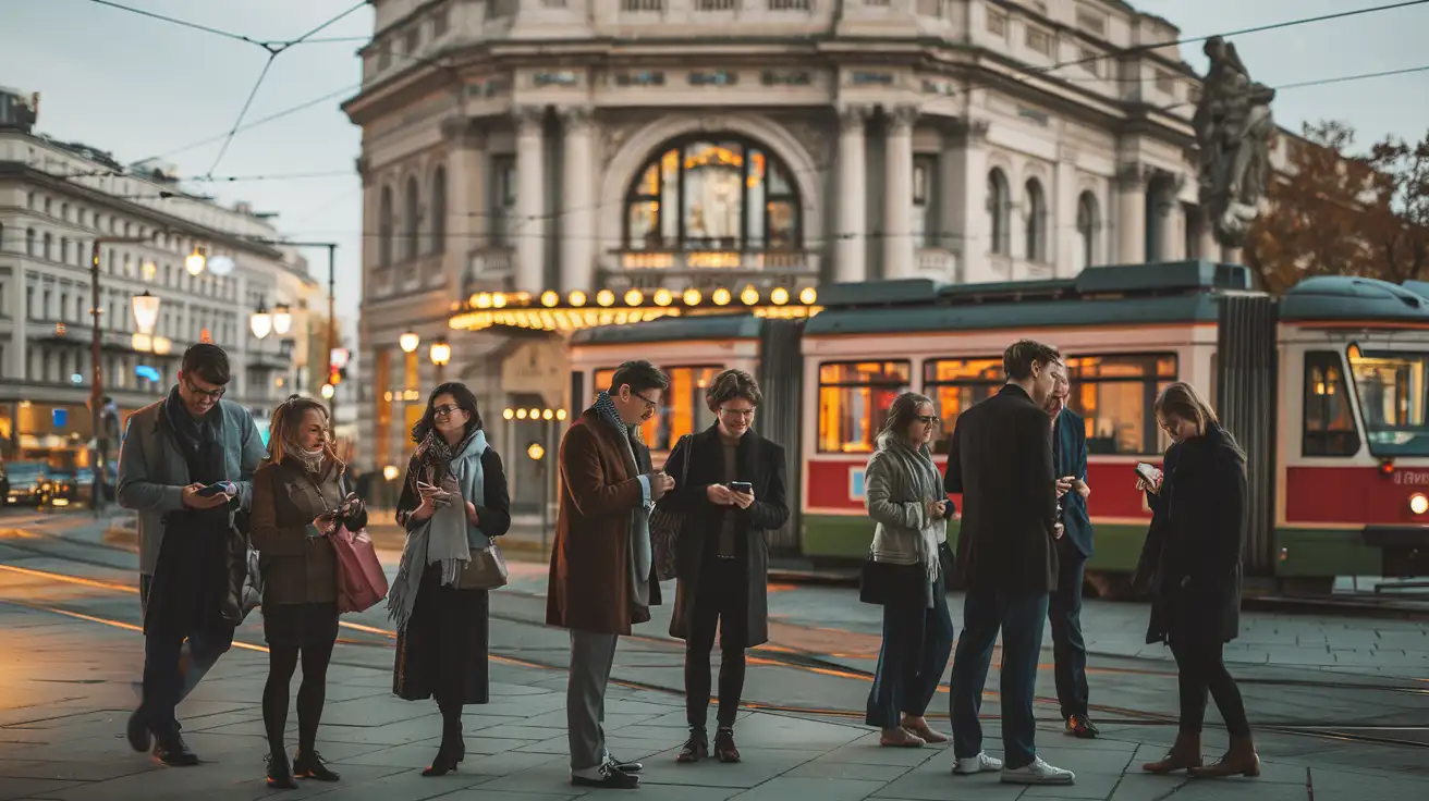 Autumn evening outside a Vienna cinema with festivalgoers and trams