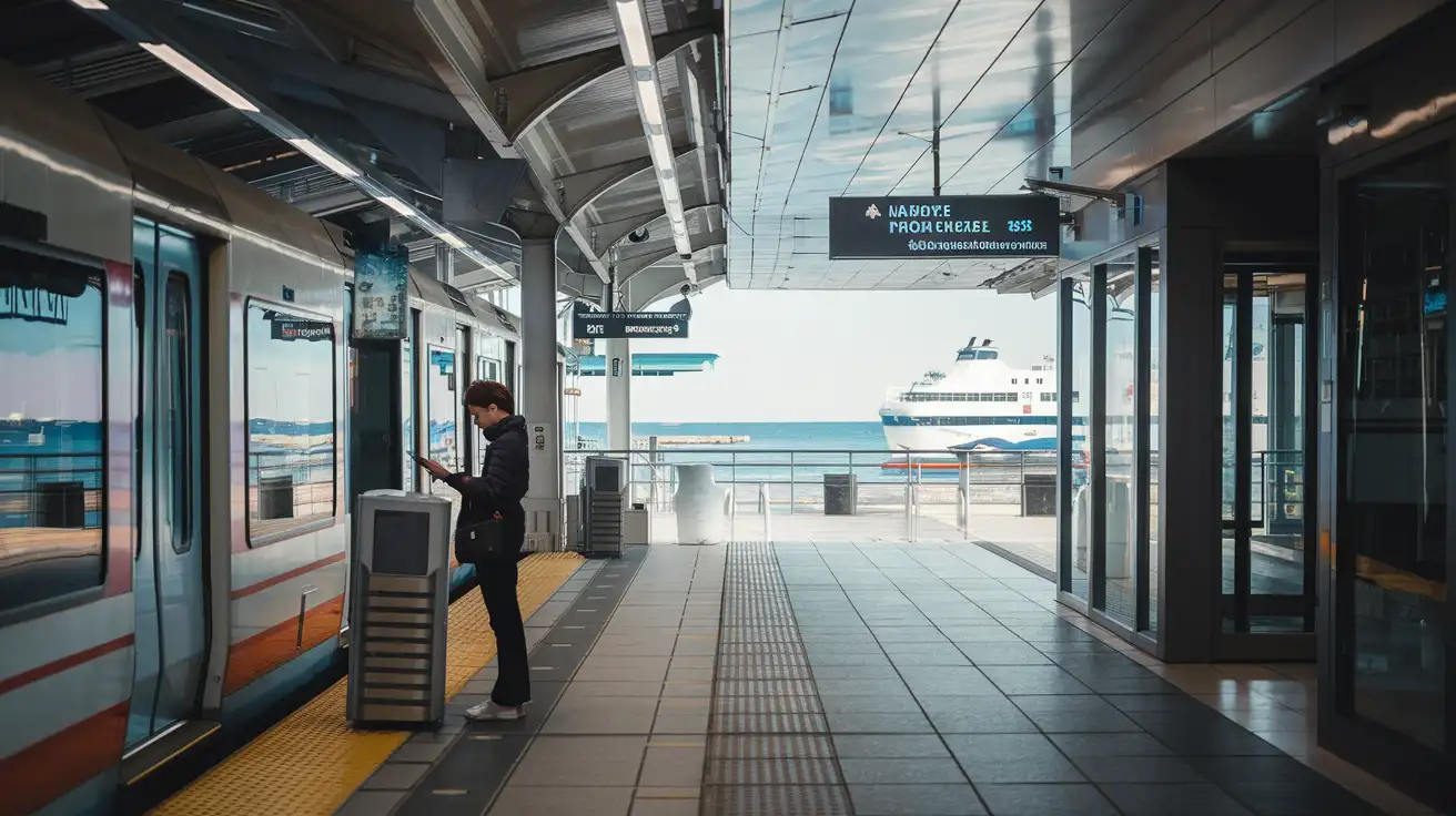 Viaggiatore che controlla le indicazioni sul telefono durante un viaggio in treno e traghetto in Canada