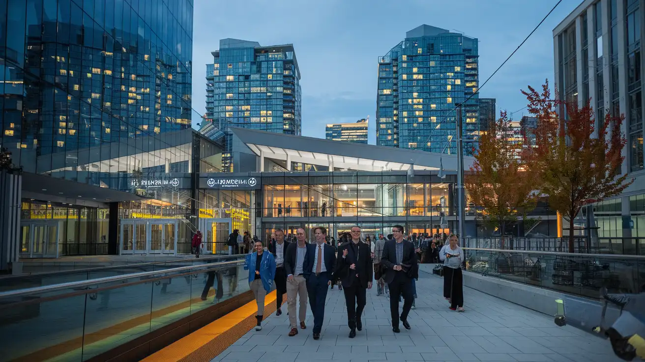 Fans heading through downtown Vancouver toward an indoor tennis event at night