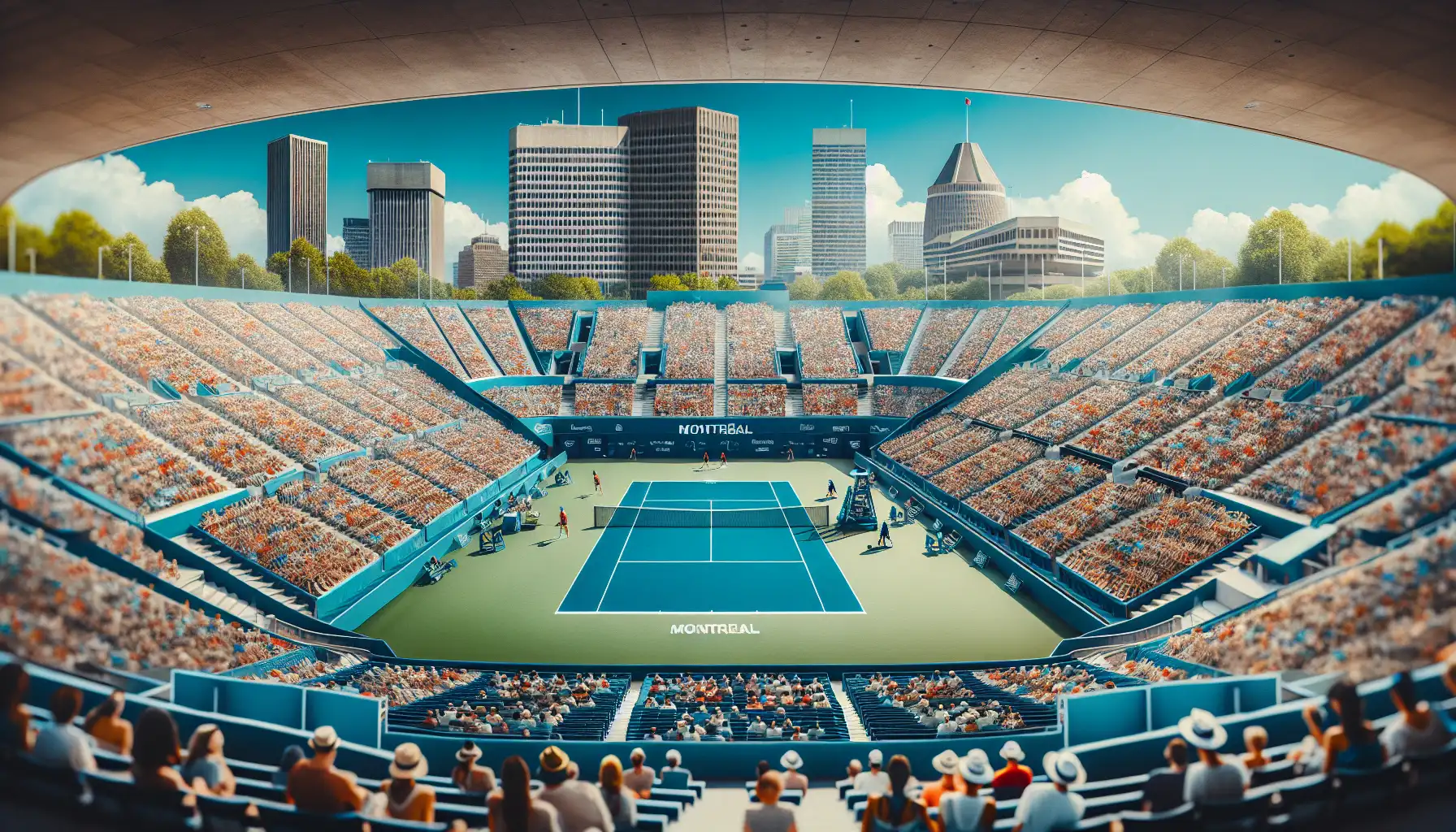 Crowds watching a summer tennis match in Montreal at a major outdoor tournament