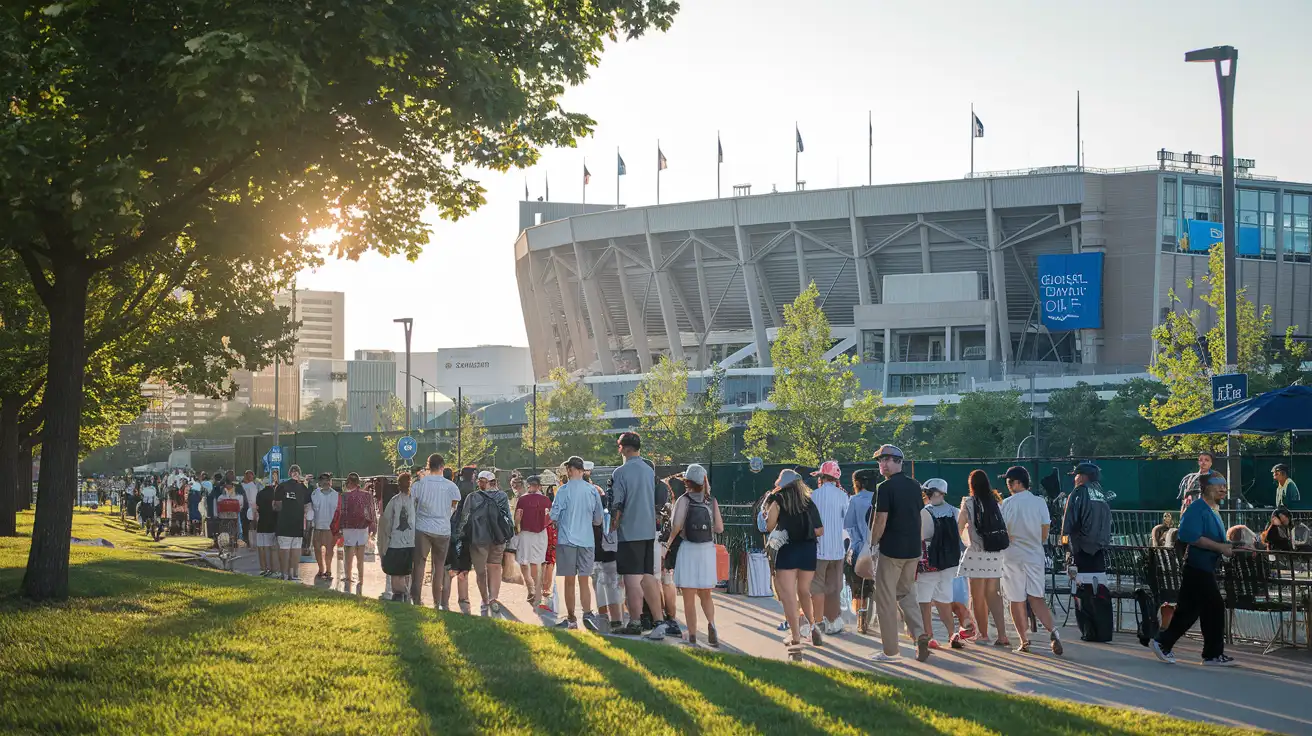 Fans walking through a leafy Montreal park toward a major summer tennis venue