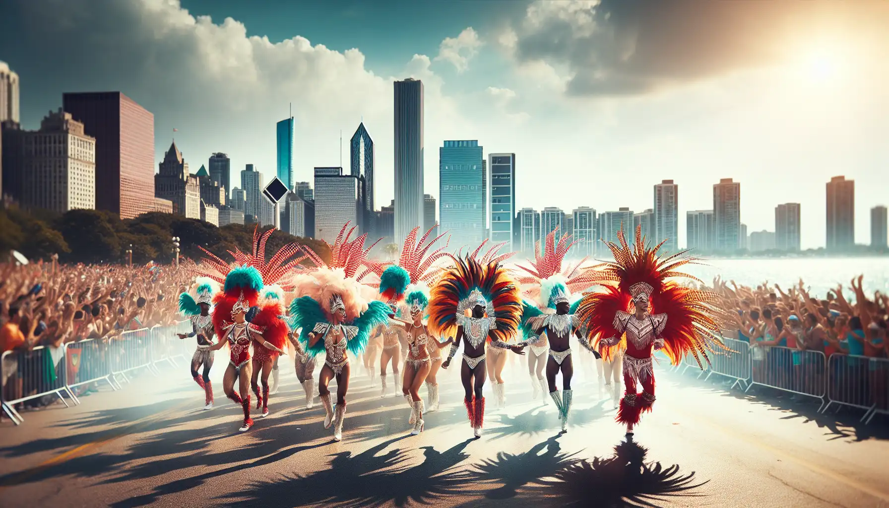 Colorful Toronto Caribbean Carnival parade scene near the waterfront with costumes, dancers, and summer crowds