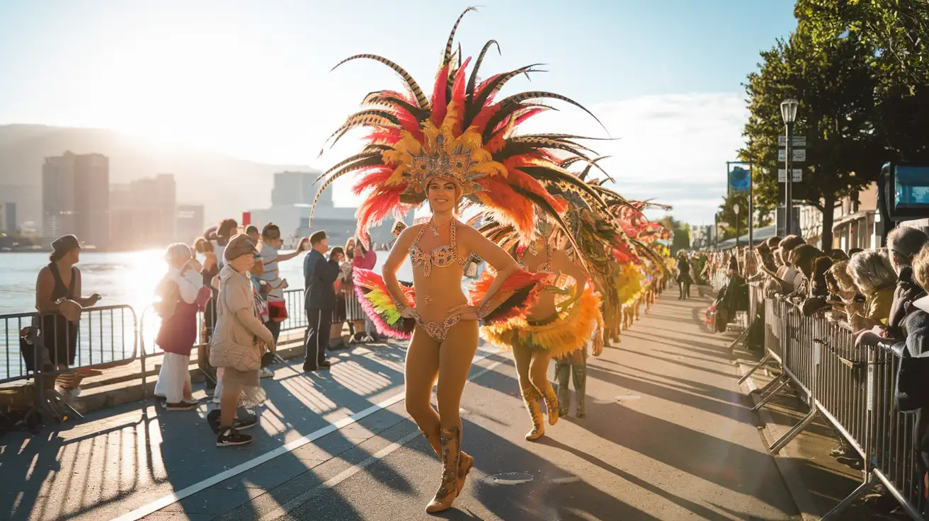 Summer parade crowd and performers near Toronto's waterfront during Caribbean Carnival weekend