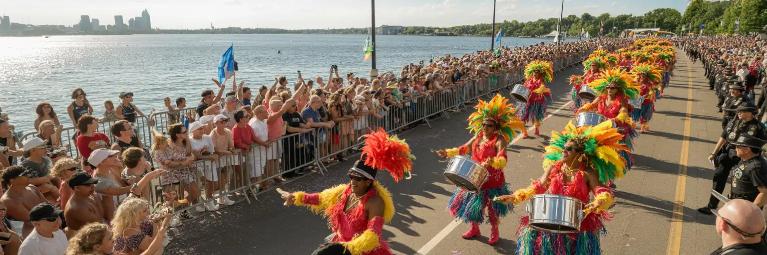 Bunte karibische Parade-Kostüme und Menschenmengen entlang der Uferpromenade von Toronto an einem sonnigen Sommertag