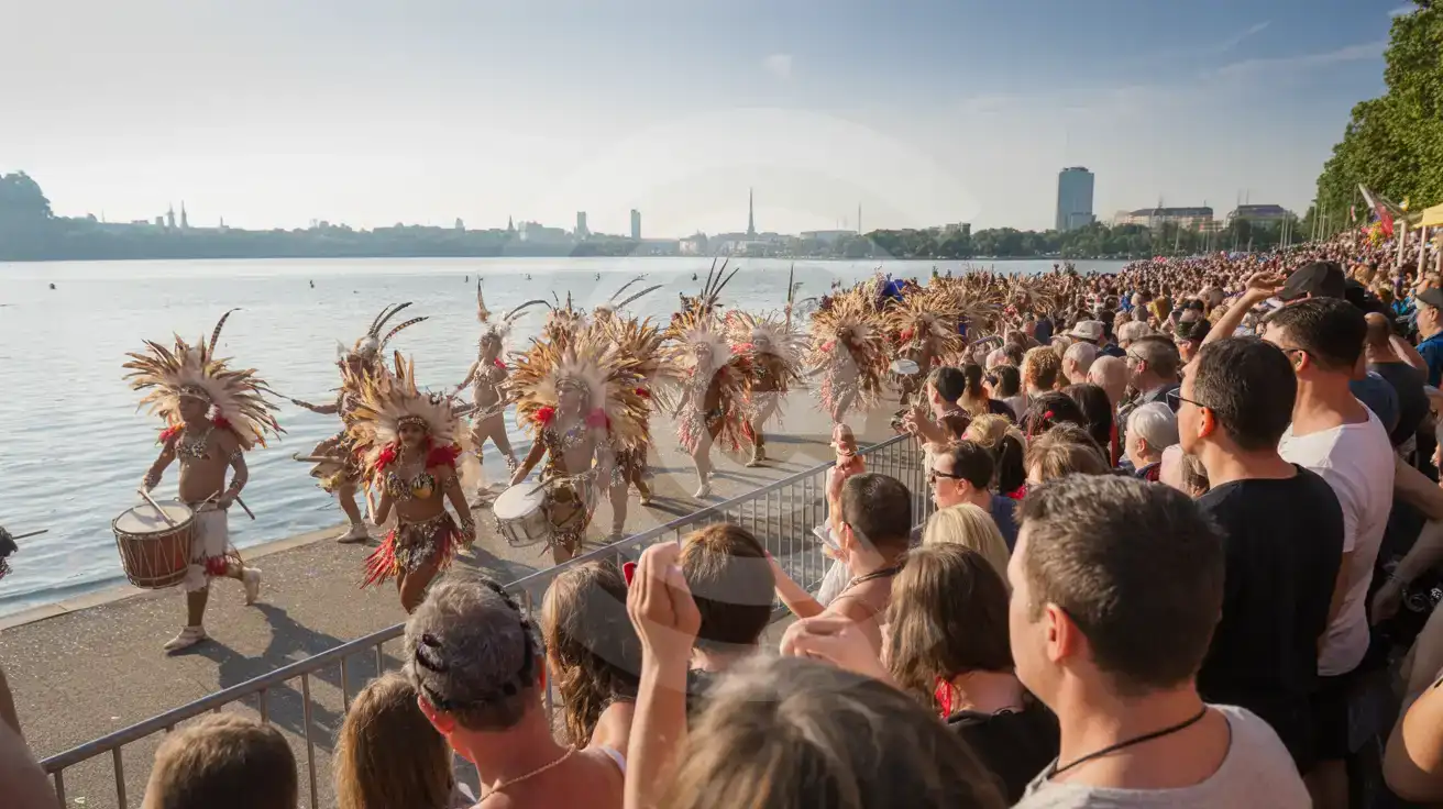 Sommerkarnevalsumzug an Torontos Uferpromenade mit bunten Kostümen und großen Menschenmengen