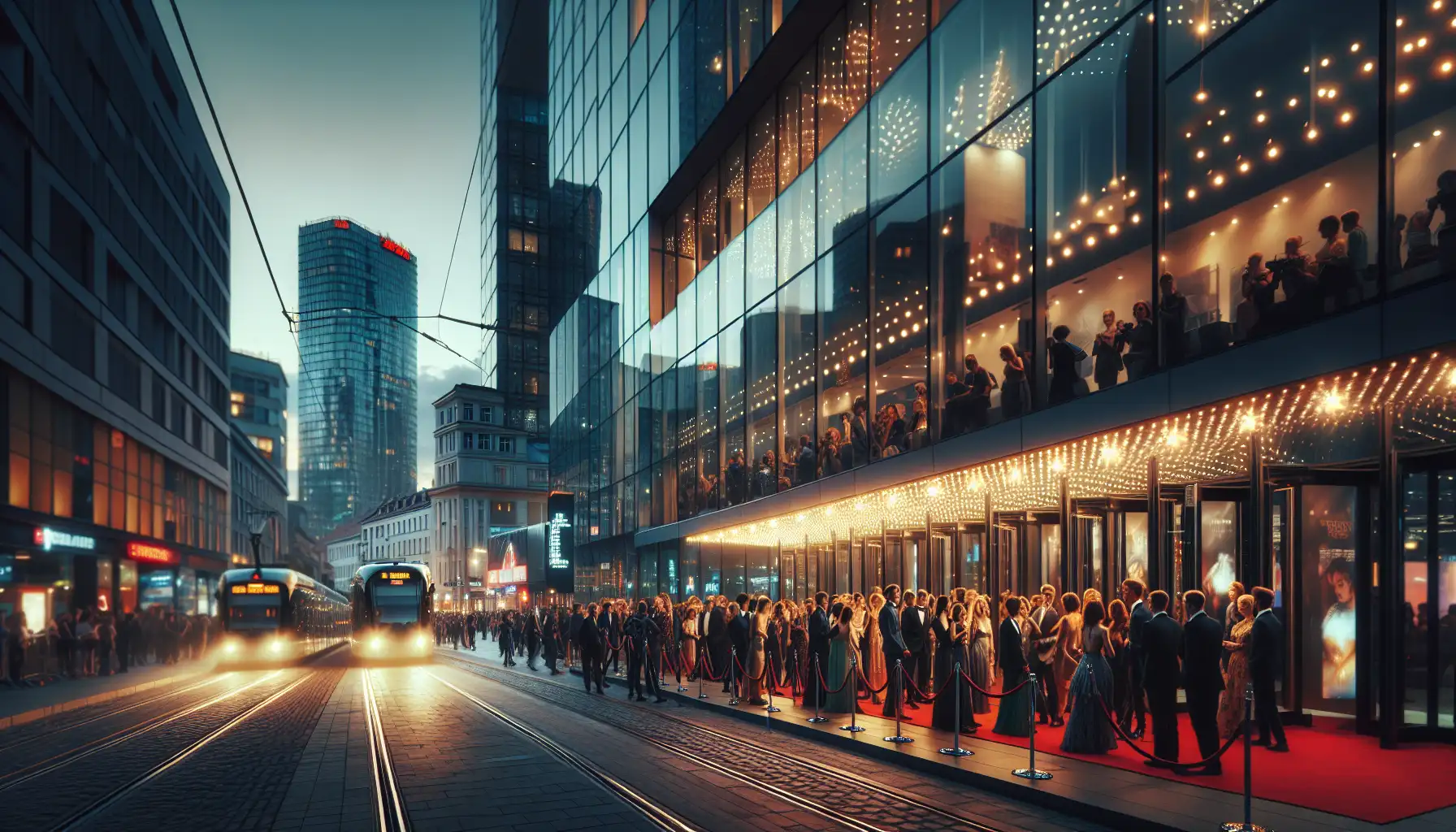 Downtown Toronto during film festival season with theater crowds and evening city lights