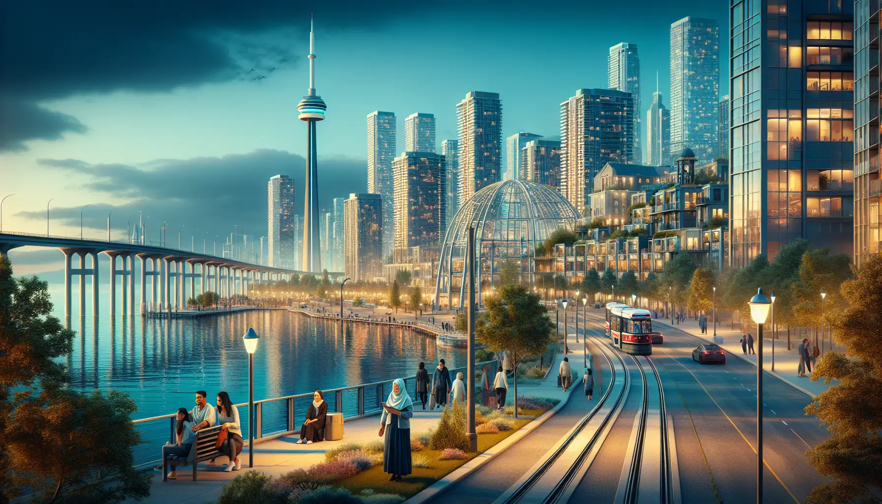 Panoramă Toronto și malul apei cu călători folosind telefoane în centrul orașului