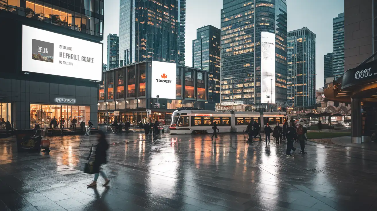 Voyageurs utilisant leurs téléphones dans le centre animé de Toronto près des transports et des commerces