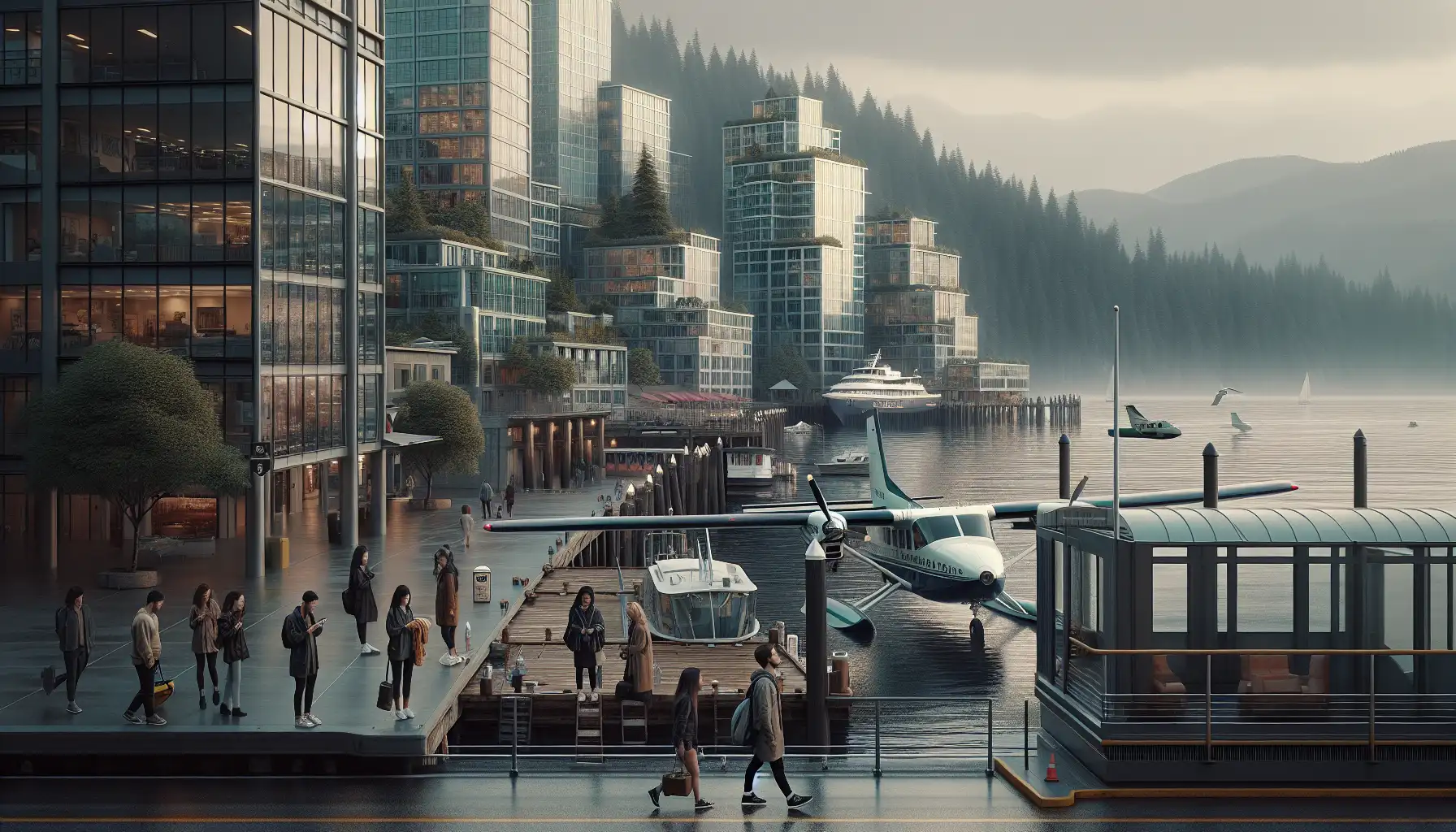 Viajeros cerca del paseo marítimo de Vancouver usando teléfonos con las torres del centro y montañas al fondo