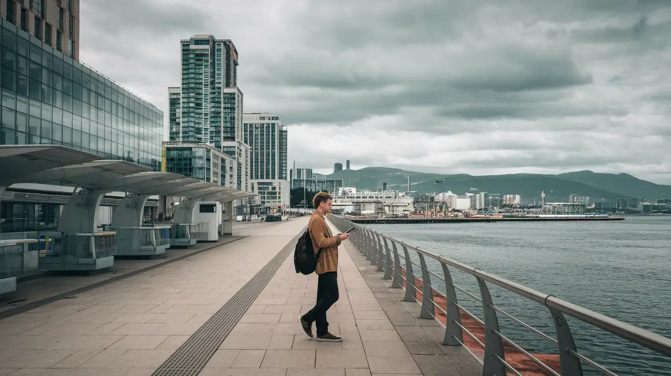Reisender, der in der Nähe von Vancouvers Waterfront und Verkehrsanbindungen auf sein Telefon schaut