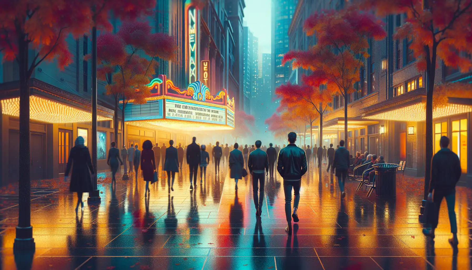 Evening film festival atmosphere in Vancouver with cinema lights, autumn streets, and people walking between screenings