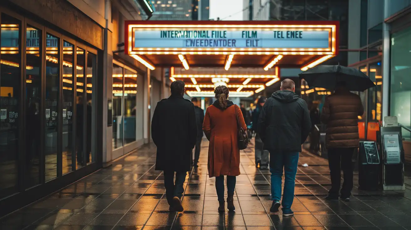 People walking between film festival screenings in downtown Vancouver on an autumn evening