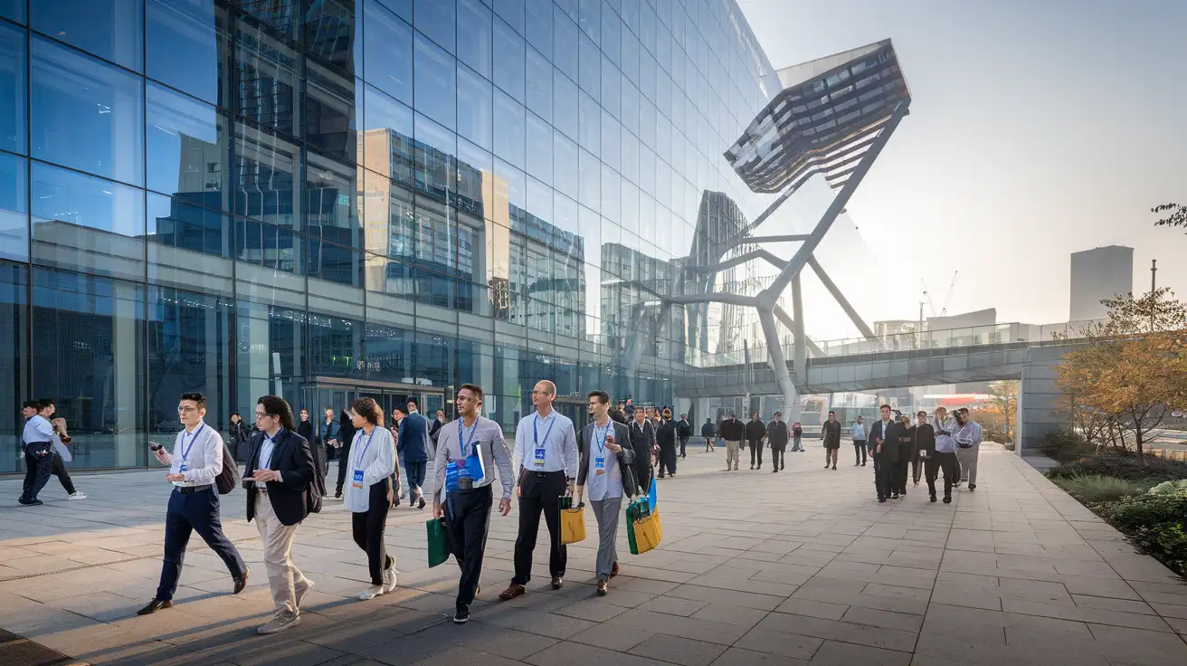 Voyageurs arrivant dans un grand quartier de congrès à Shenzhen pour un salon technologique