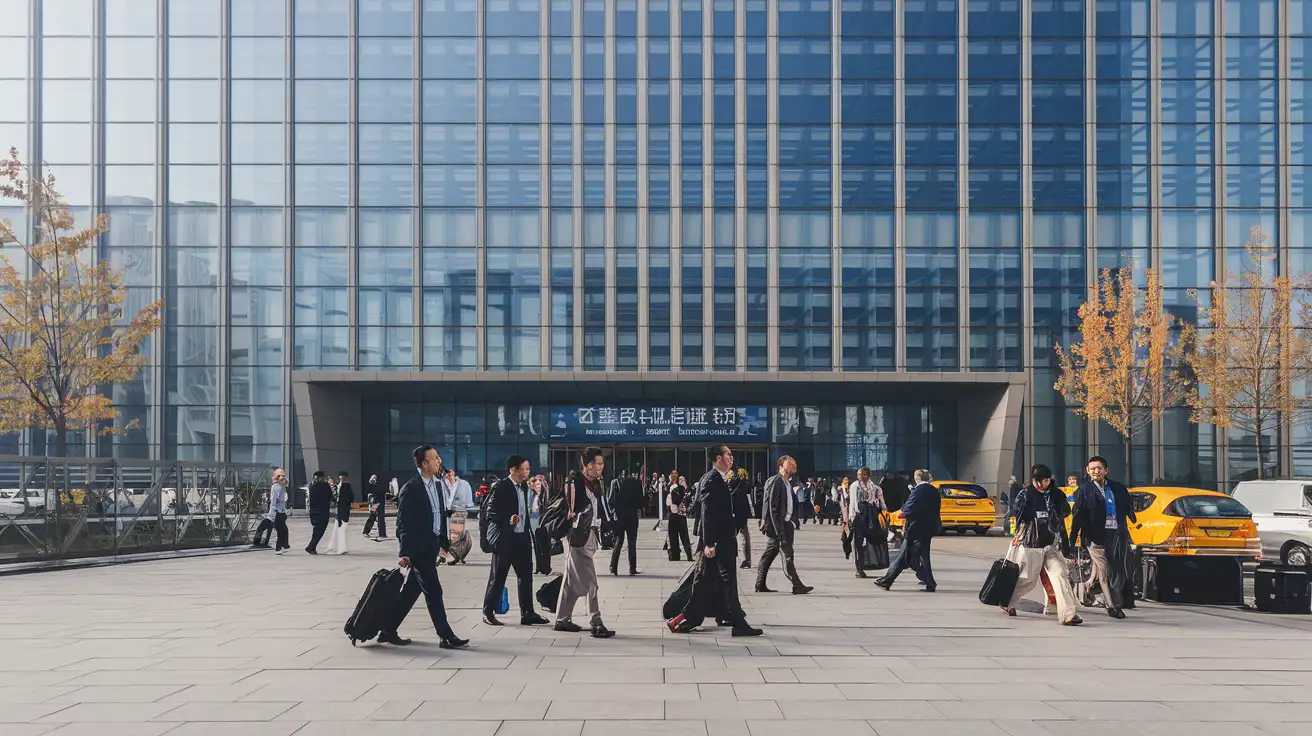 Delegates arriving at a major Beijing convention venue for an international services trade event