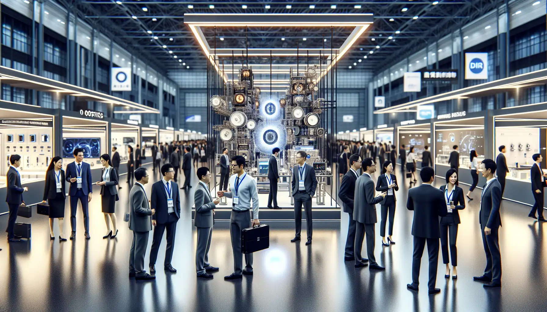 Busy photonics trade fair in Shenzhen with optics displays and business visitors