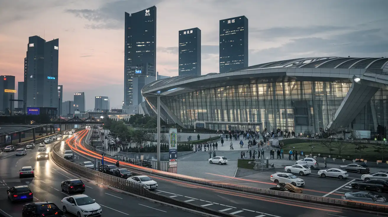 Business travelers leaving a Shenzhen exhibition center at dusk
