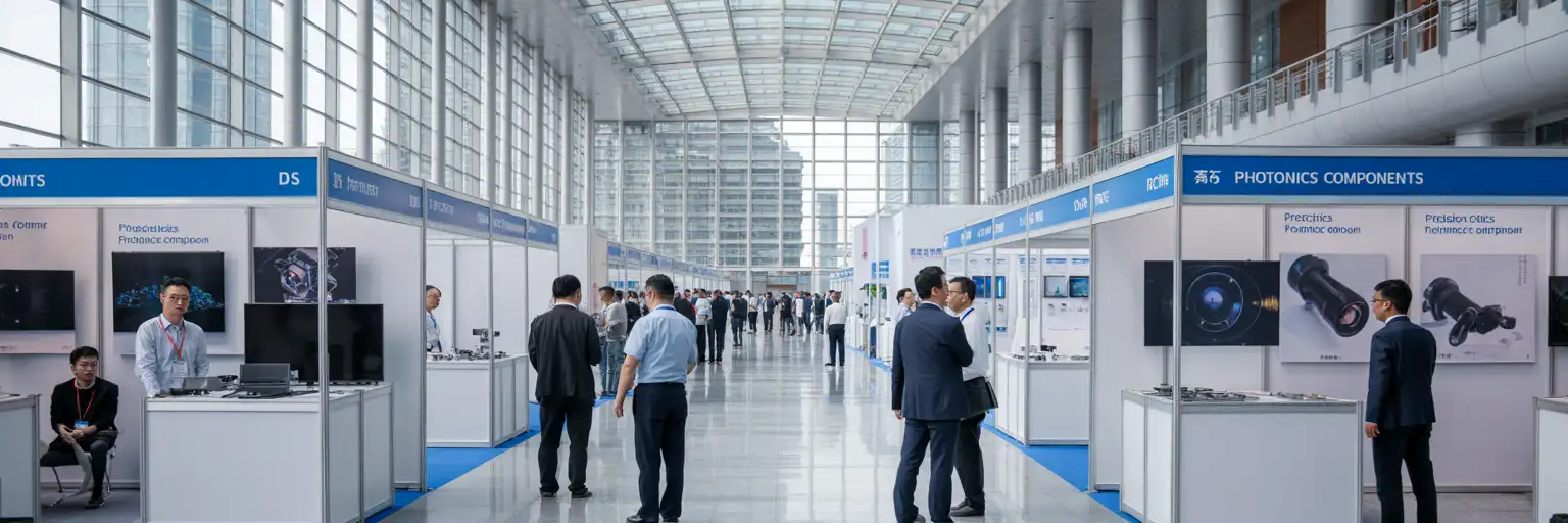 Fachleute kommen in einem großen Messezentrum in Shenzhen zu einer Optoelektronik-Messe an