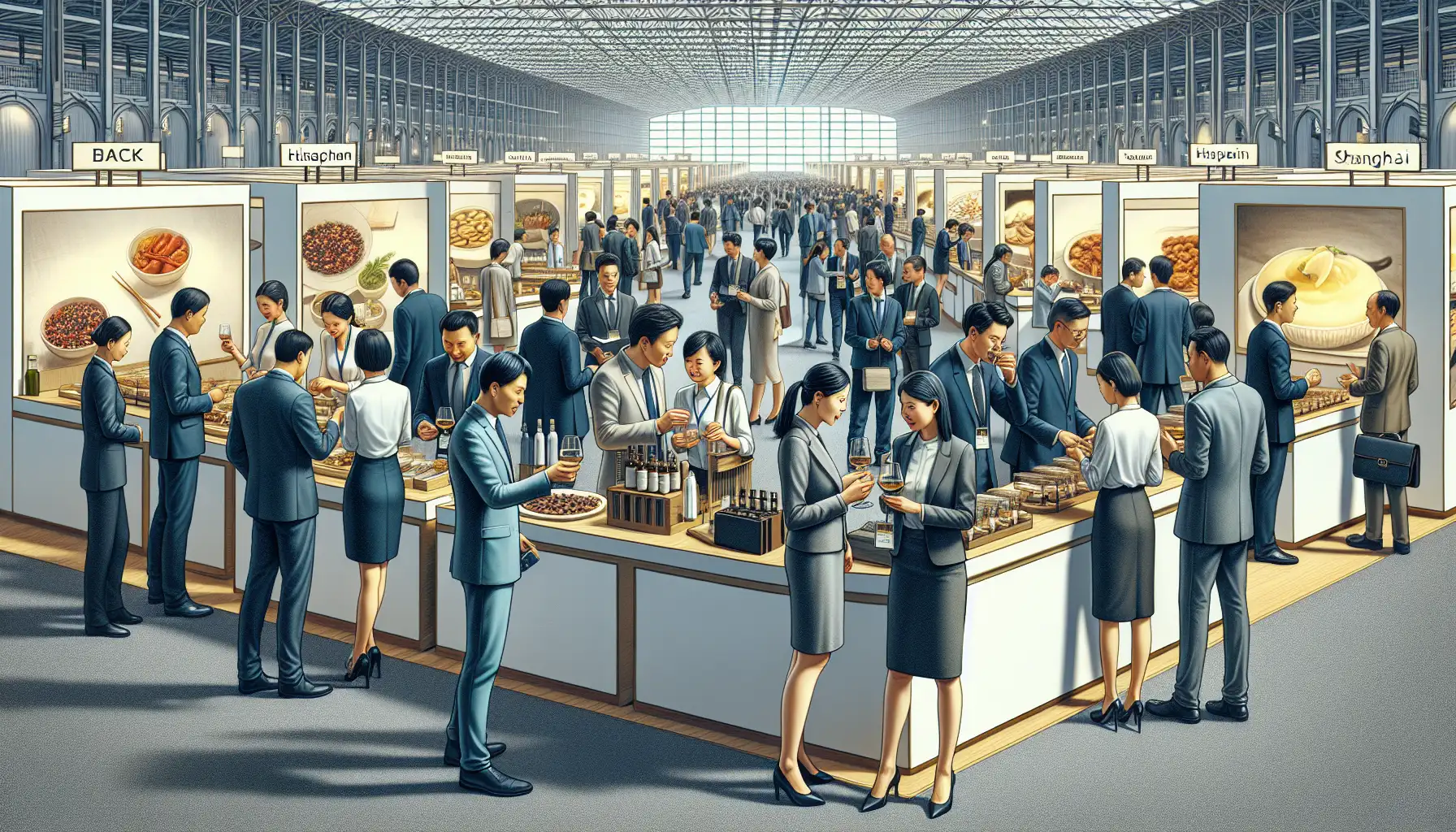 Atmosfera unui târg internațional de comerț alimentar în Shanghai cu standuri de degustare și vizitatori de afaceri