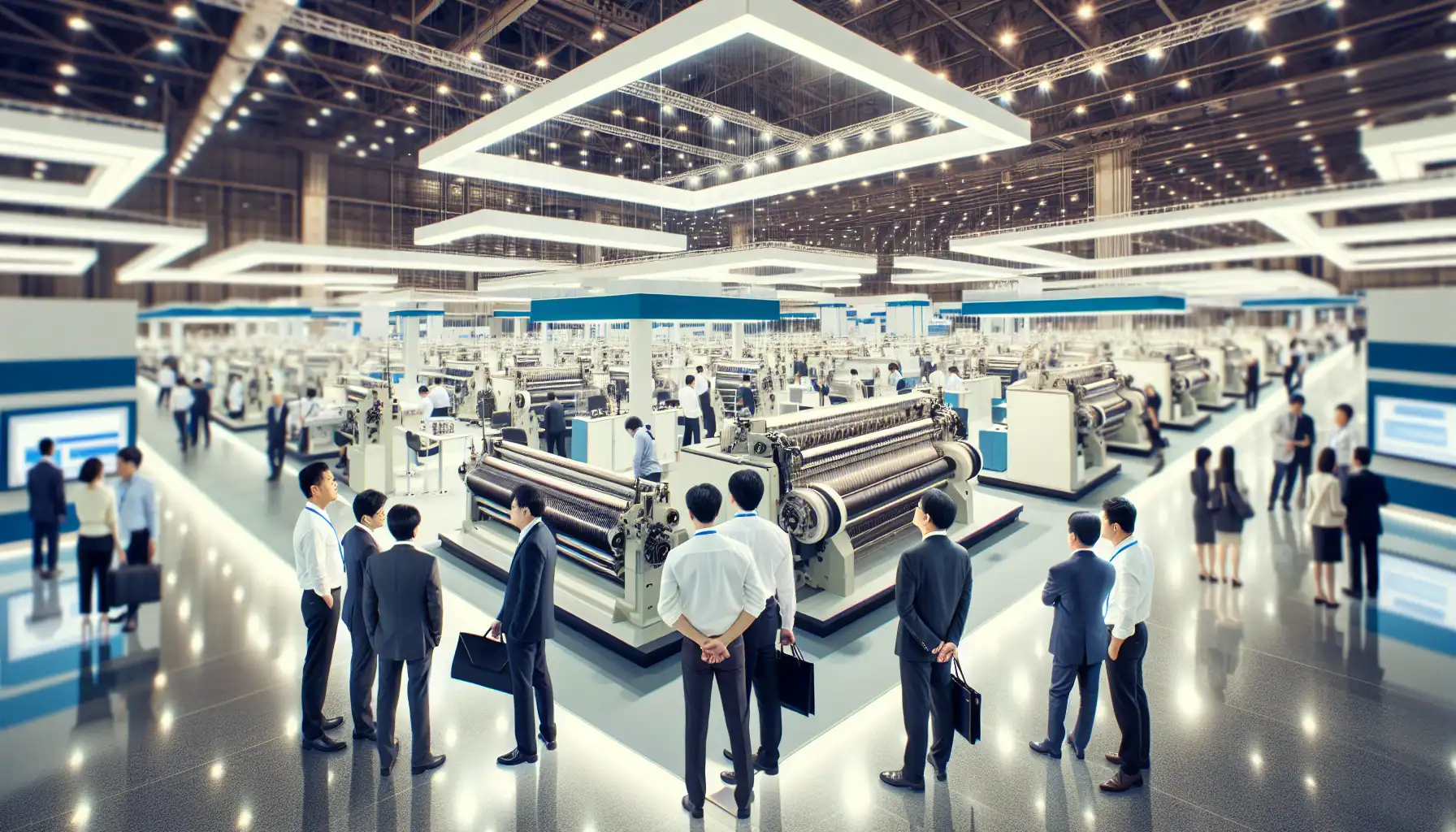 Visitors exploring large textile machinery displays at a major Shanghai trade fair