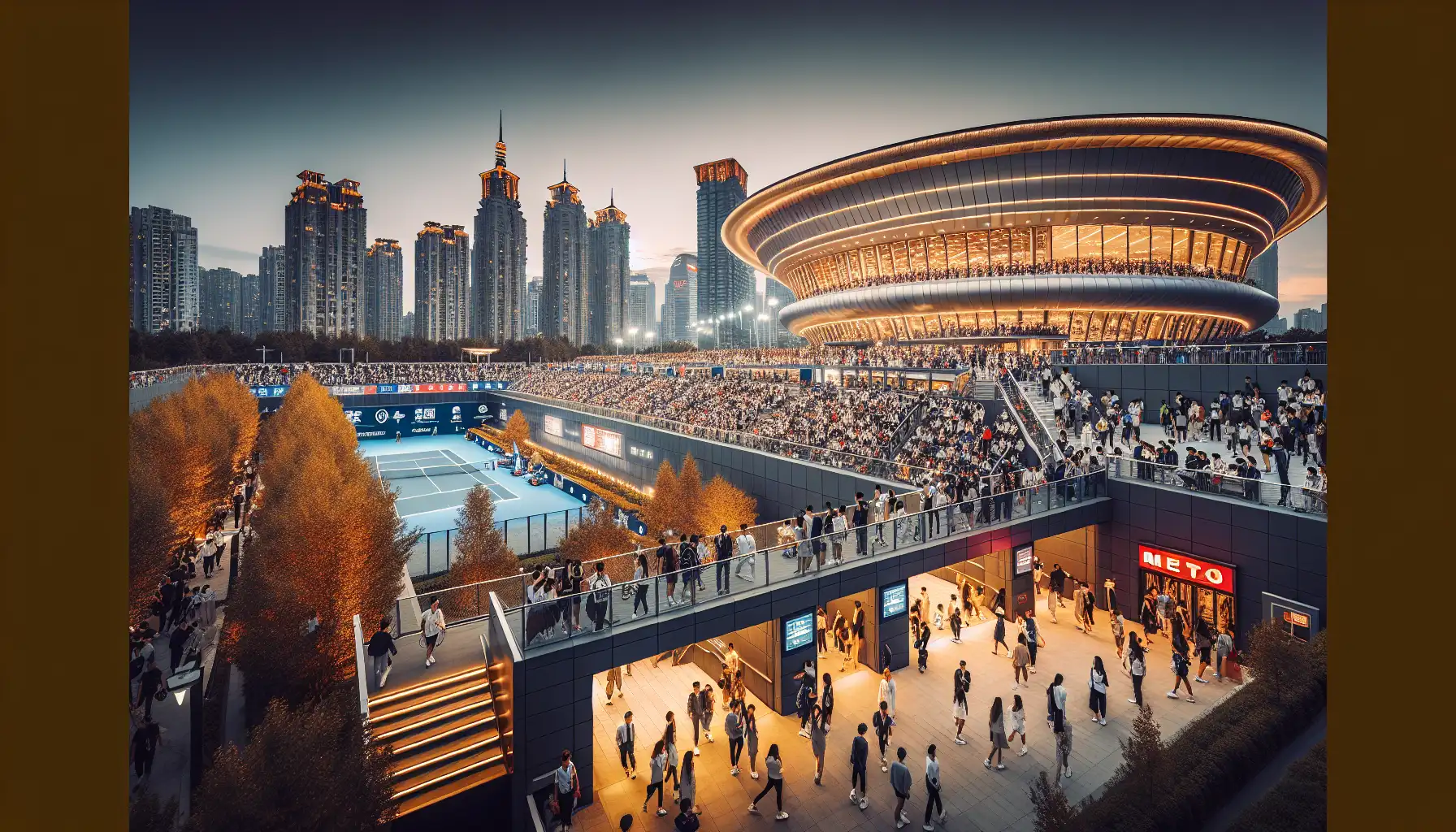 Mulțime sosind seara la un important loc de tenis din Shanghai în timpul unui turneu internațional
