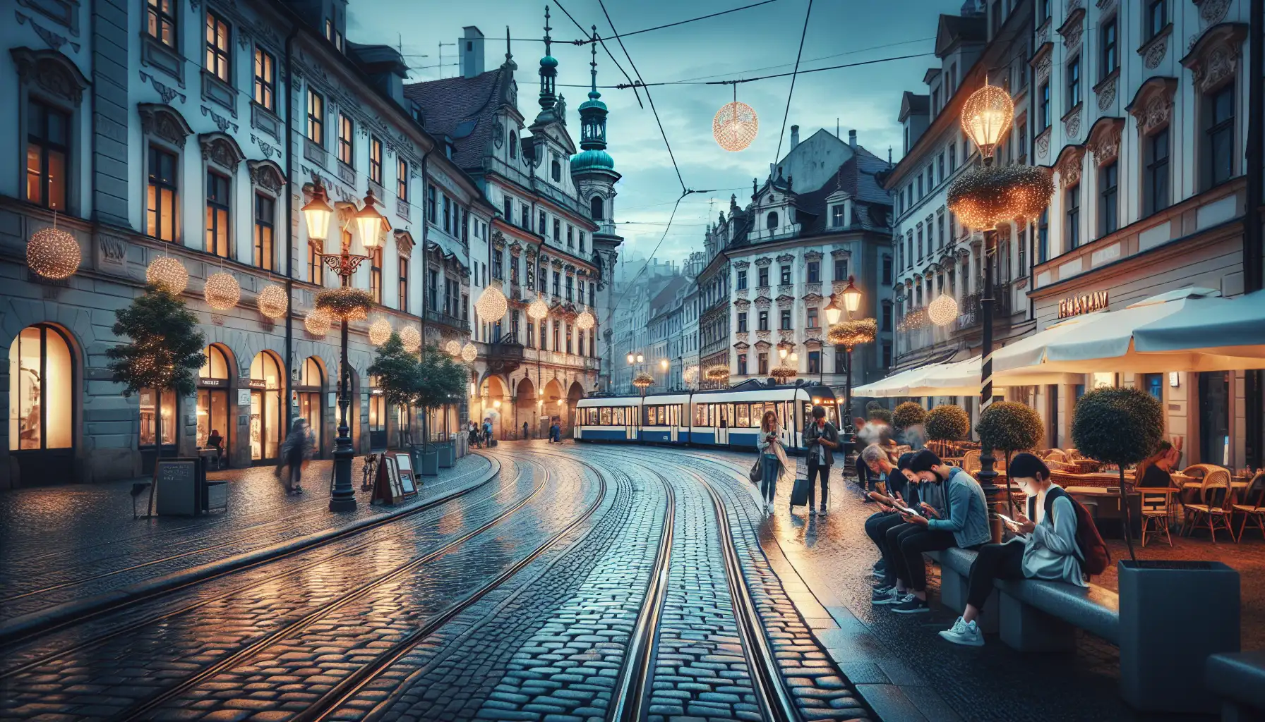 Traveler using a phone near tram tracks in a historic Czech city center at dusk